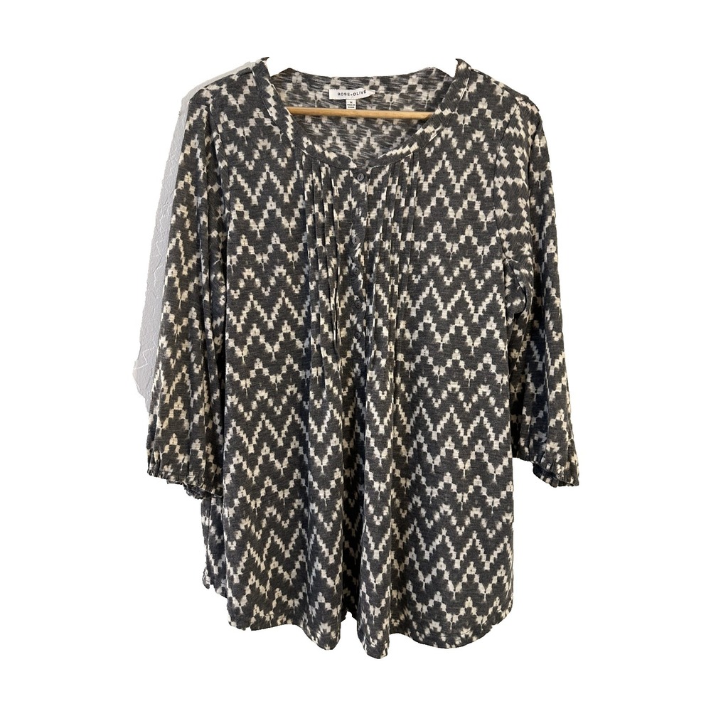 Rose‎ & Olive Womens Geometric 3/4 Sleeve Tunic Top Size 1X Black White Artsy